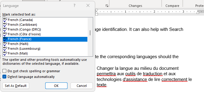 Screenshot of list of languages with French language selected to match the French text in the document.