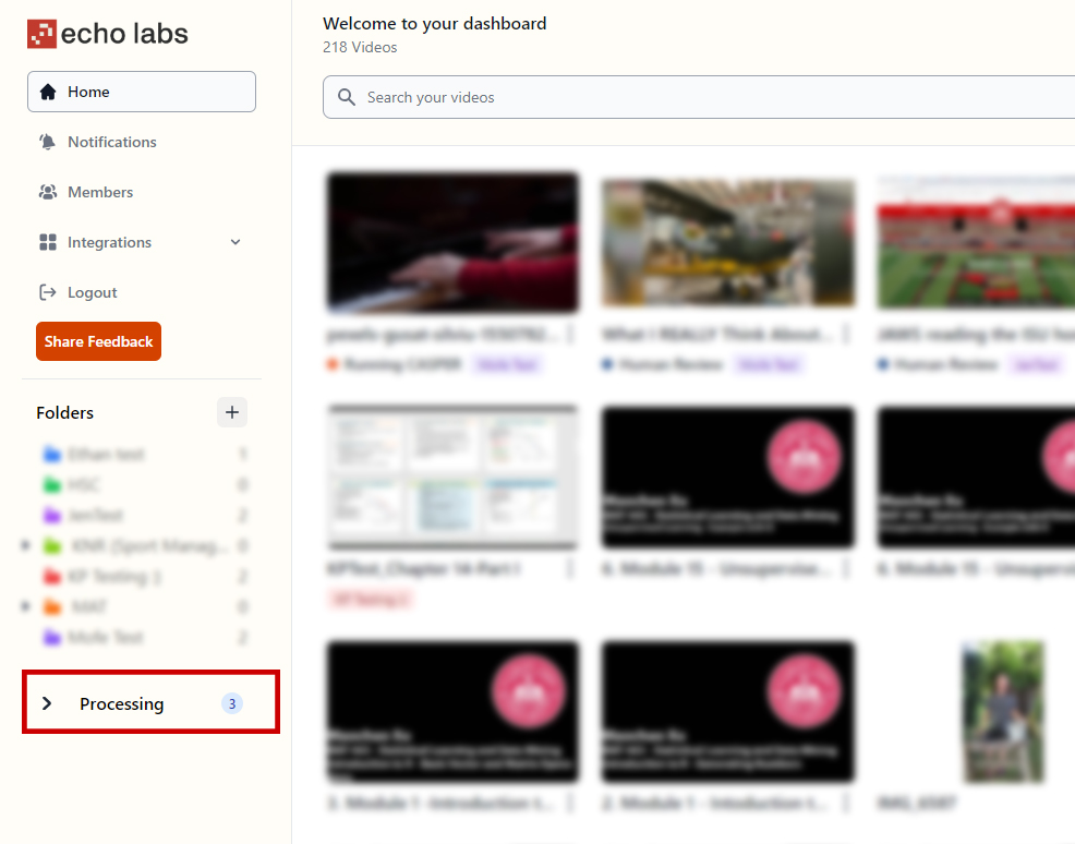 Screenshot of processing tab on Echo Labs Dashboard