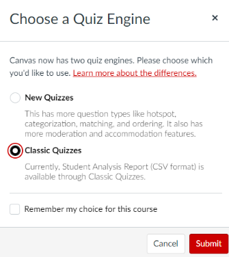 Screenshot of Canvas Choose a Quiz Engine