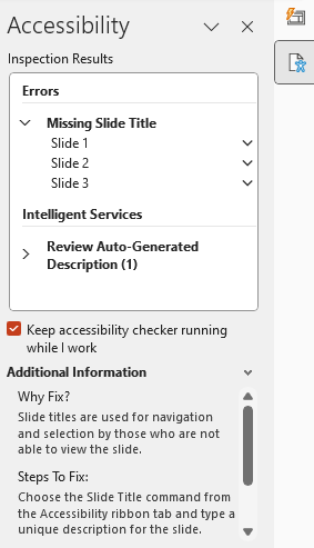 Screenshot of the Accessibility Checker Pane at the right side of the screen