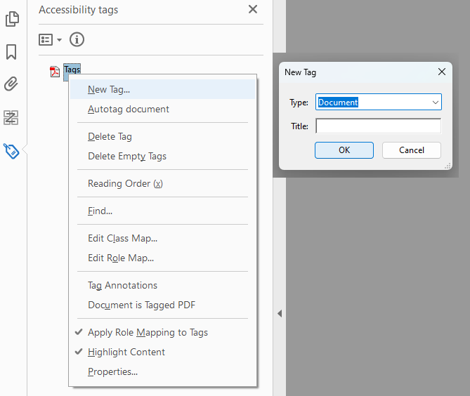 Screenshot of Document Tag Dialog on Adobe Acrobat