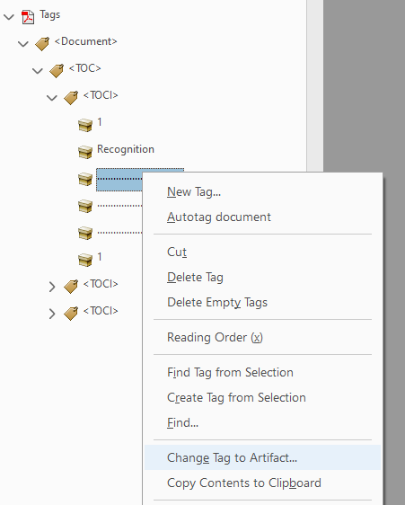 Screenshot of Change Tag to Artifact Selection on Adobe Acrobat