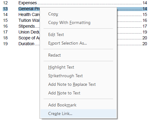 Screenshot of Create Link selection on Adobe Acrobat