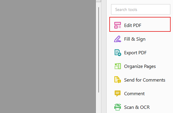 Screenshot of Edit PDF selection, on Adobe Acrobat Pro