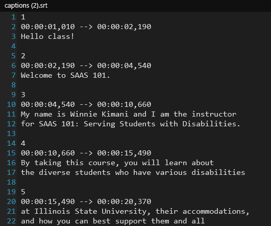 Example SRT Caption File with timecodes.