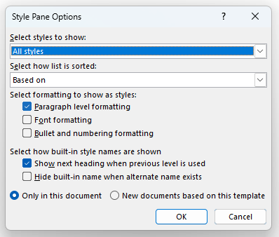 Screenshot of Style Pane Options dialog box