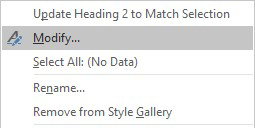 Screenshot of drop down menu for Heading Style with Modify selected.