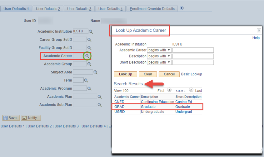 Image of Look Up Academic Career window with Graduate career highlighted