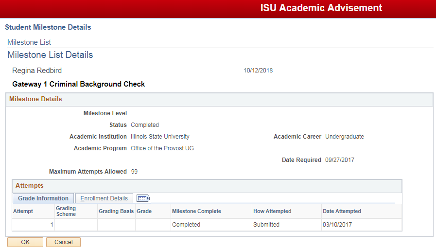 Image of Milestone List Details screen