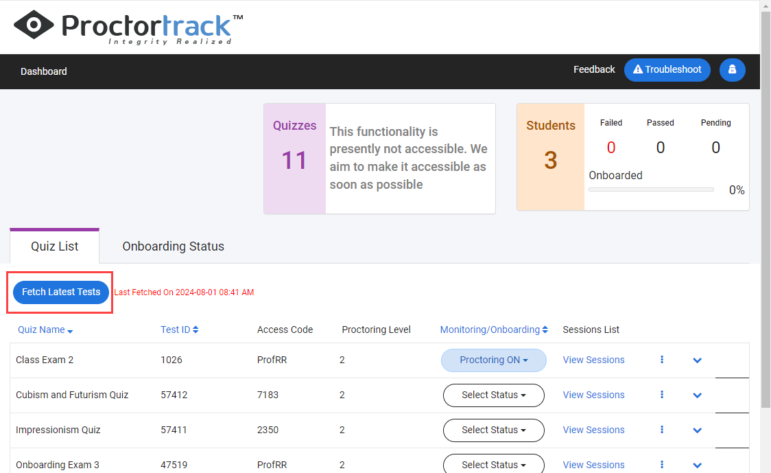 Image of Quiz List tab with Fetch Latest Tests button