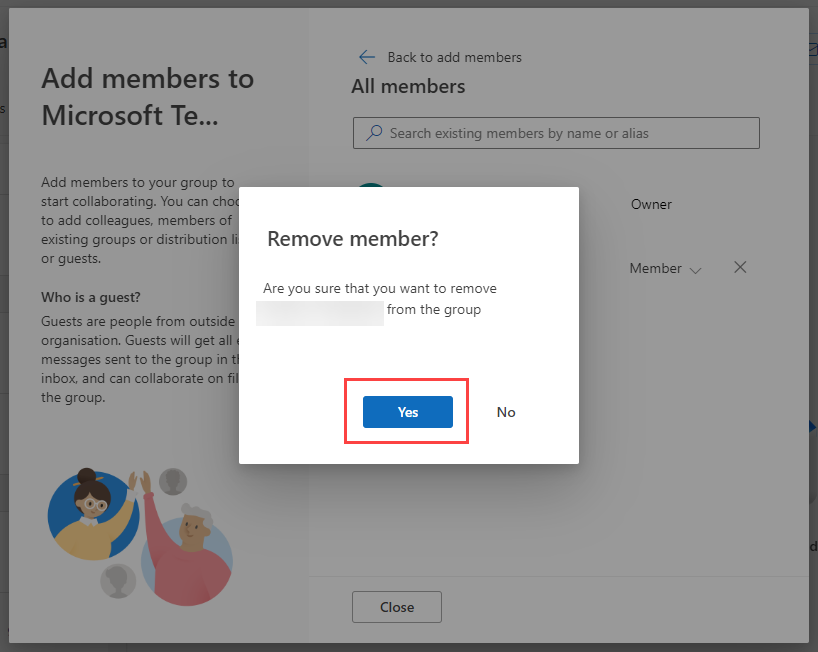 Remove member? window with Yes button