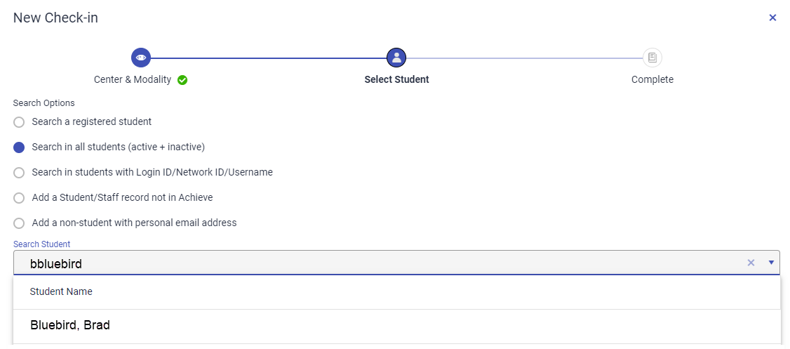 Image of New Check-in window and Select Student step