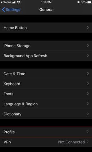 VPN Profile under General Settings