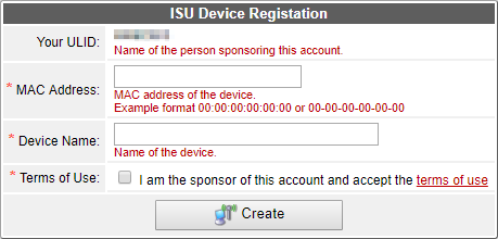 Entering relevant information including the mac address of device being registered