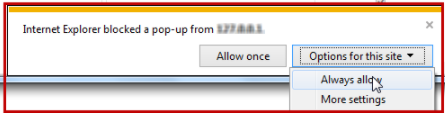 Pop up block warning for Internet Explorer